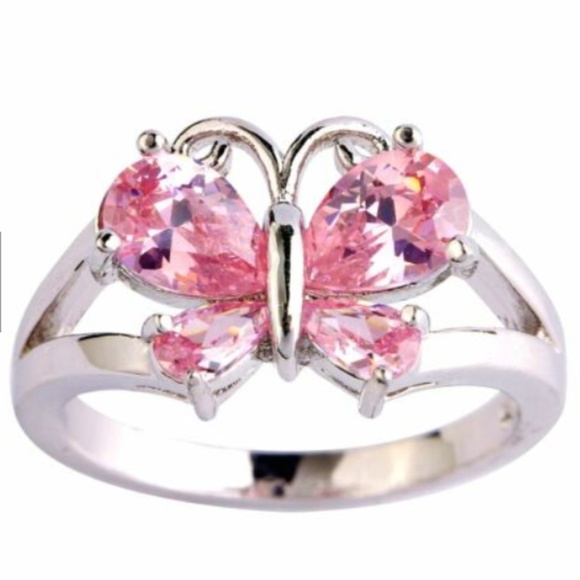 Silver Butterfly Cocktail Ring Size 11 Pink Cubic Zirconia Rhodium Plated - Picture 2 of 7